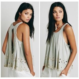 Free People Toosaloosa Green Embroidered Eyelet Keyhole Back Tank Top Size M‎